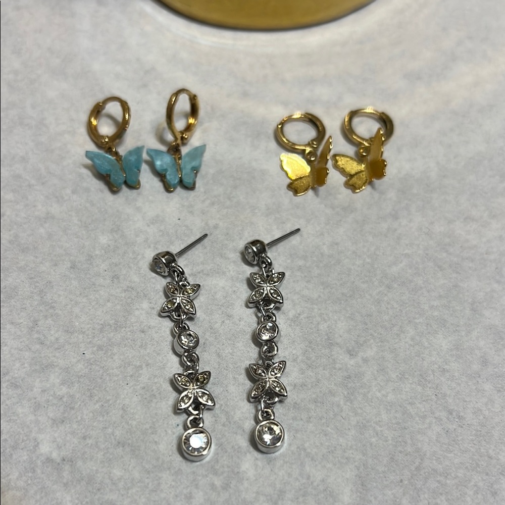 Set of 3!! Elegant Gold, Silver, and Blue Butterfly Earrings Sets